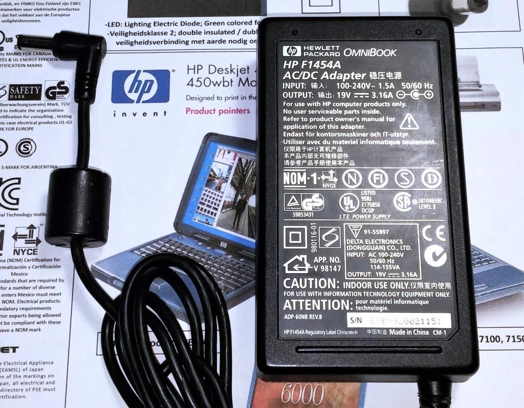 HP Omnibook 19V 3.16A 60W ADP-60NB F1454A C8246A Adapter, Ophalen of Verzenden, Zo goed als nieuw, Hewlett Packard HP