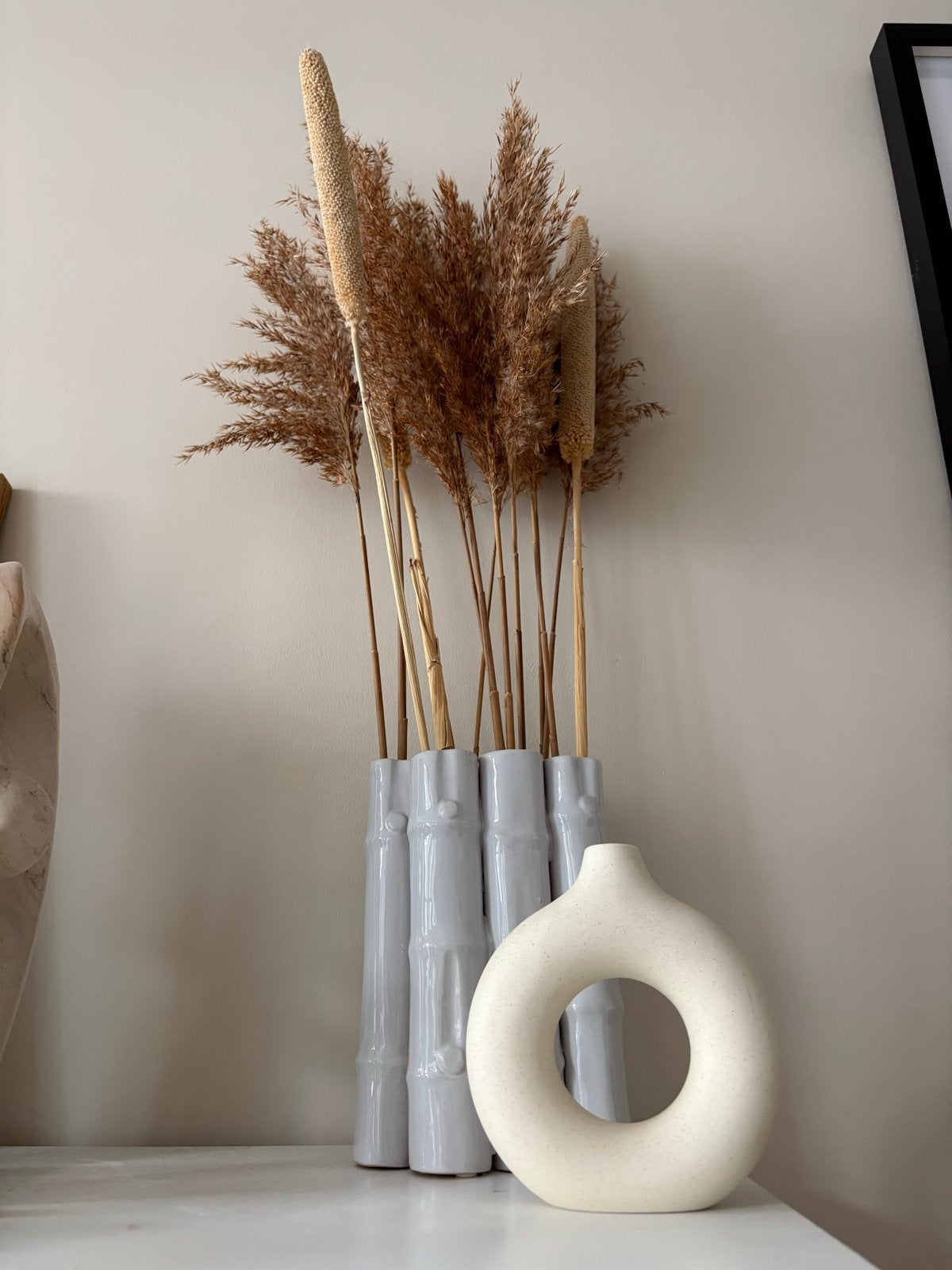 Set van 2 Japandi vazen met droogbloemen, Ophalen of Verzenden, Zo goed als nieuw, Inclusief droogbloemen, Meerkleurig