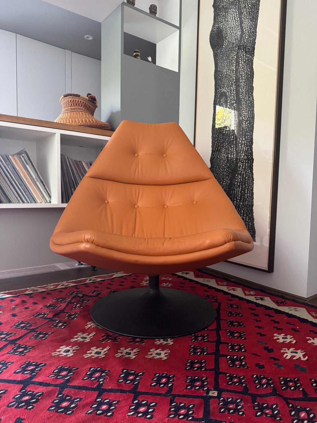 Zeldzame Artifort F590 draaifauteuil - Cognac leer, Ophalen, Gebruikt, Bruin, Leer