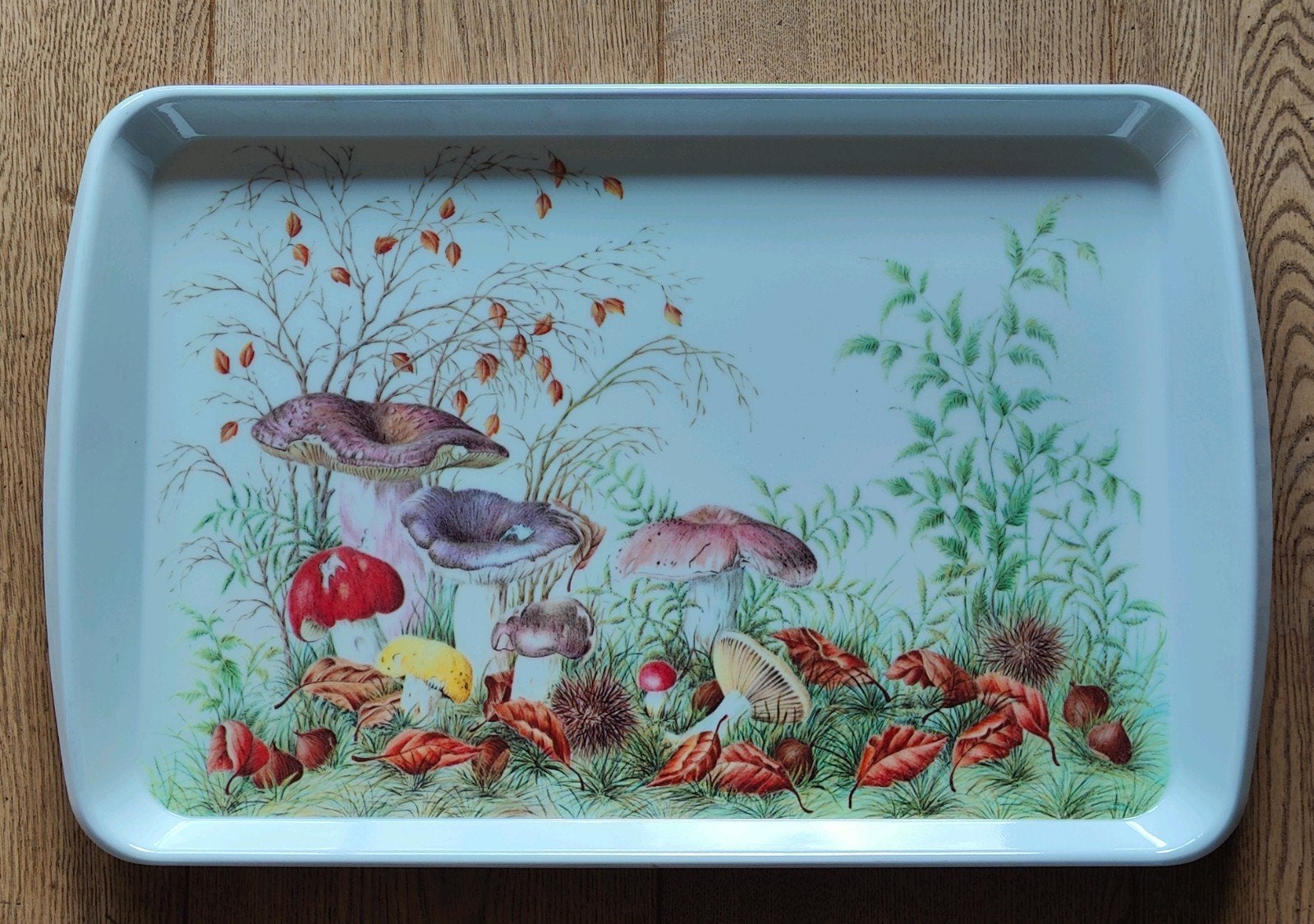 Vintage Mebel groot dienblad paddenstoelen herfst V.23, Kunststof, Gebruikt, Afgeronde hoeken, Ophalen of Verzenden