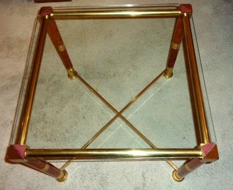 Vierkante bijzettafel met glazen blad en messing frame, Ophalen, Gebruikt, 50 tot 100 cm, Vierkant