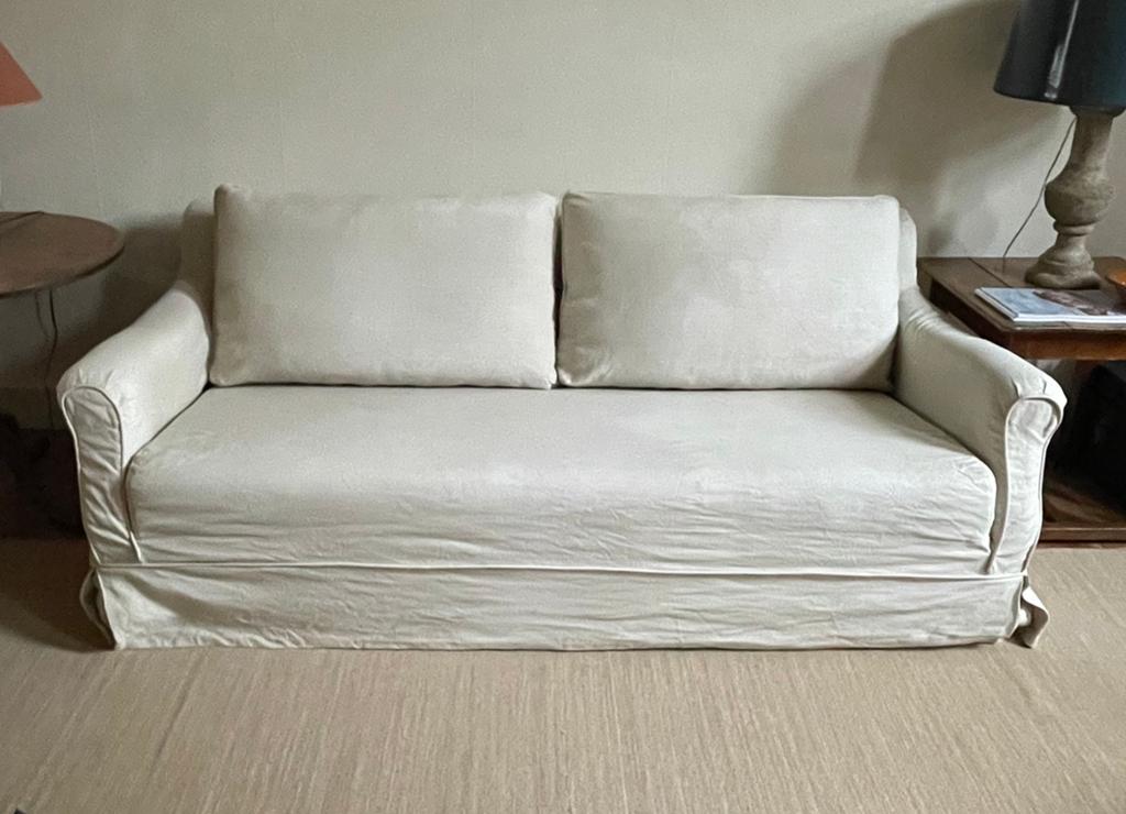 Stijlvolle bank, Netty de Groothandel, ecru linnen, Ophalen, Gebruikt, Driepersoons, 75 tot 100 cm