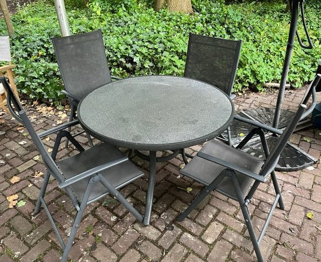 Tuinset met 4 stoelen en ronde tafel - Grijs, Ophalen, 4 zitplaatsen, Aluminium, Zo goed als nieuw