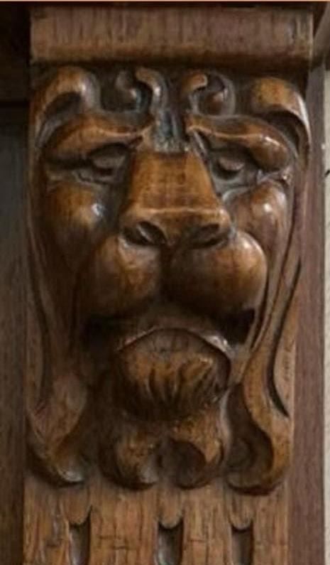 Antieke eikenhouten kapstok met leeuwenkoppen, Gebruikt, Minder dan 100 cm, Hout, Ophalen