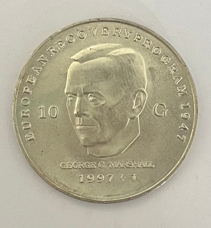 Zilveren 10 Gulden 1997 - Marshall Plan, Koningin Beatrix, Zilver, Ophalen of Verzenden, Losse munt