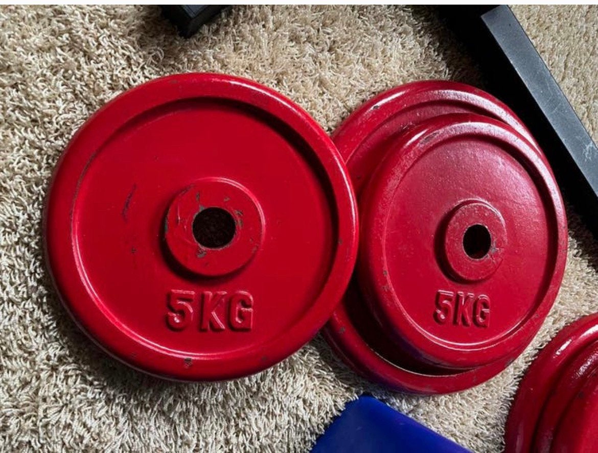 twee halterschijven ijzer rood 5 kg, Ophalen, Zo goed als nieuw, Halterschijven