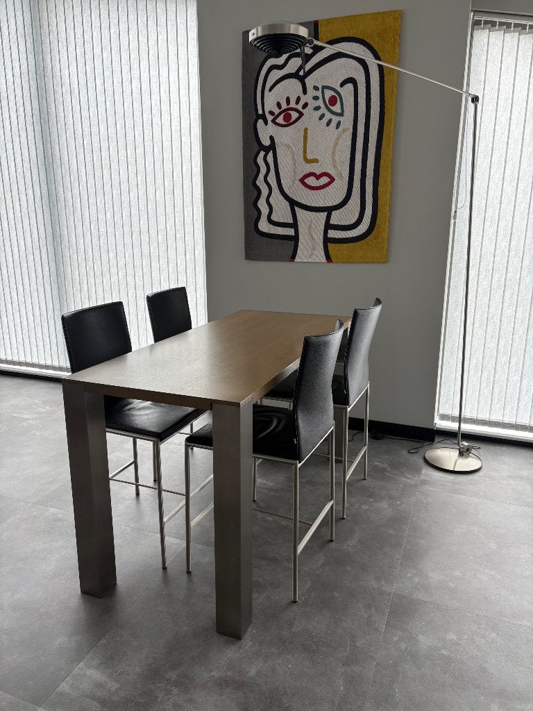 Bar/eettafel met 4 leren stoelen, Ophalen, Zo goed als nieuw