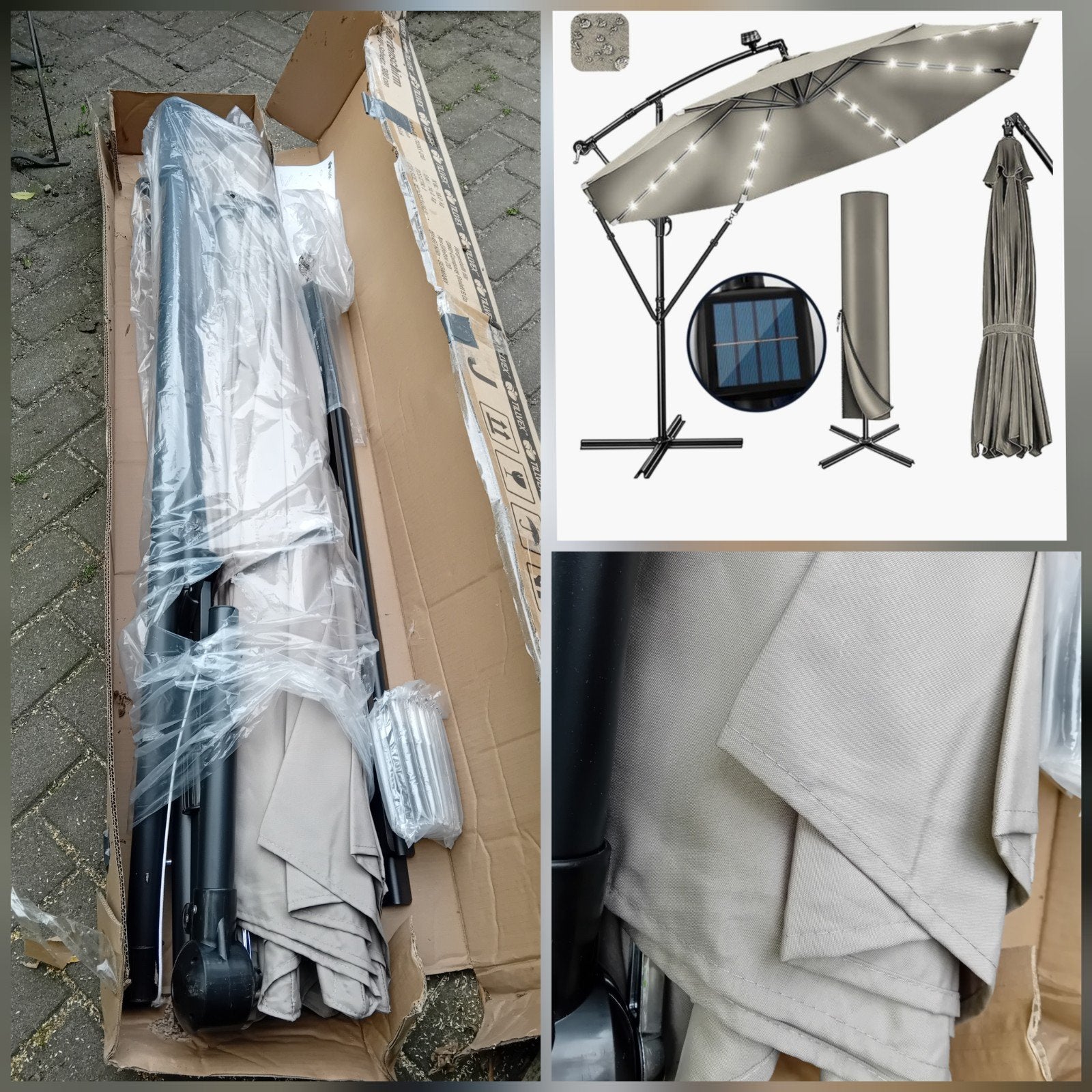NIEUW in doos! Zweef parasol met LED verlichting bruin 300cm, Ophalen, Nieuw, 2 tot 3 meter, Zweefparasol