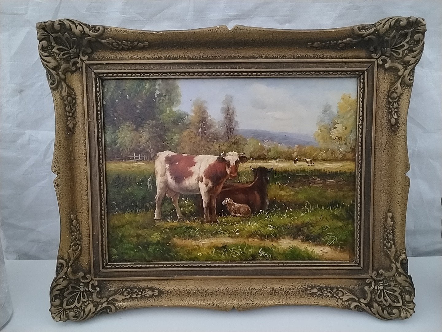 Olieverfschilderij koeien in landschap 53x43 cm, Paneel, Ingelijst, Realistisch, Dieren