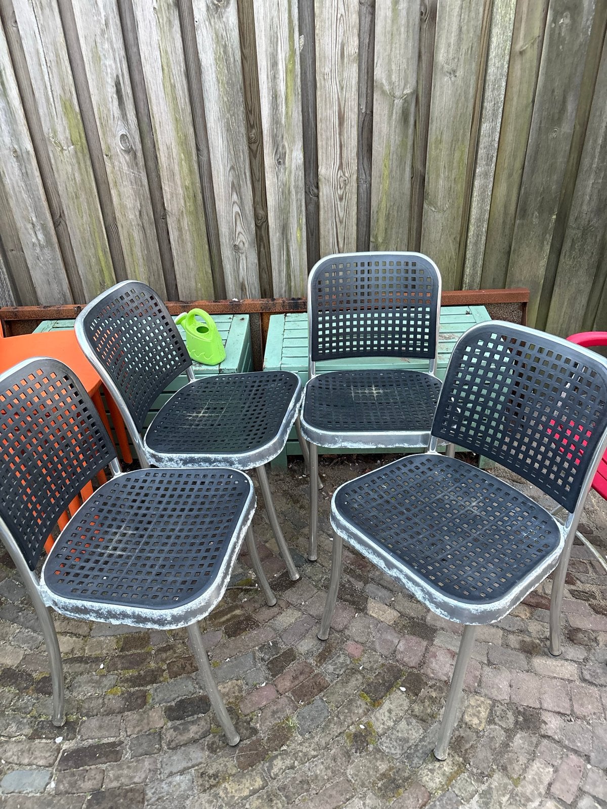 Set van 4 De Padova Vico Magistretti tuinstoelen, Ophalen, Gebruikt, Metaal