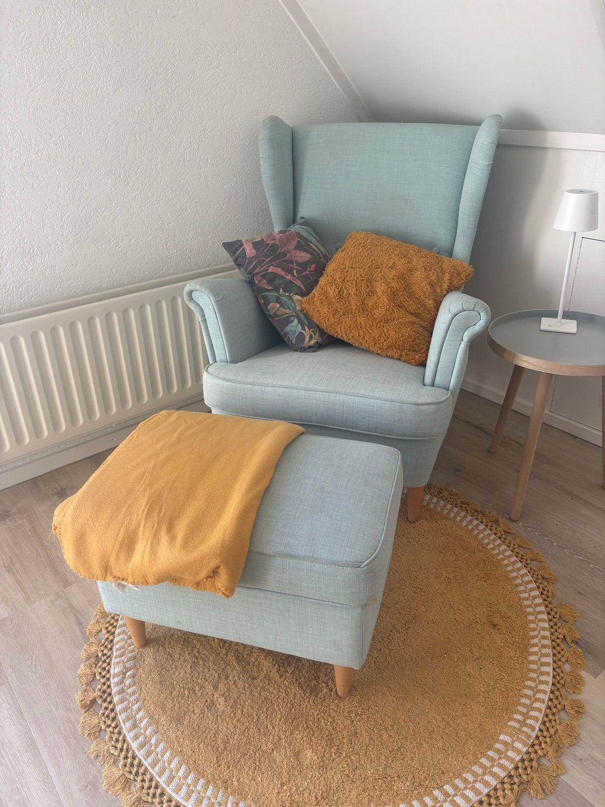 Comfortabele fauteuil met voetenbank - Lichtblauw, Ophalen, Gebruikt, Stof, 75 tot 100 cm