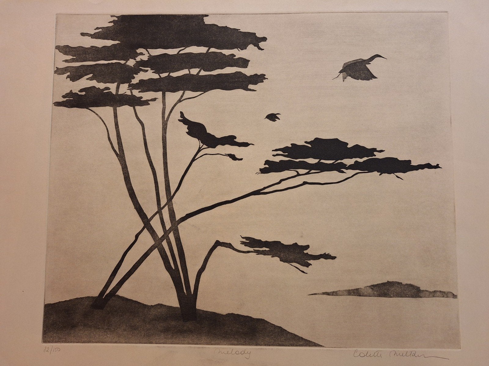 Ets van colette Muller - Landschap met vogel, Antiek en Kunst, Ophalen of Verzenden, Gesigneerd, Landschap, 1950 - 1999