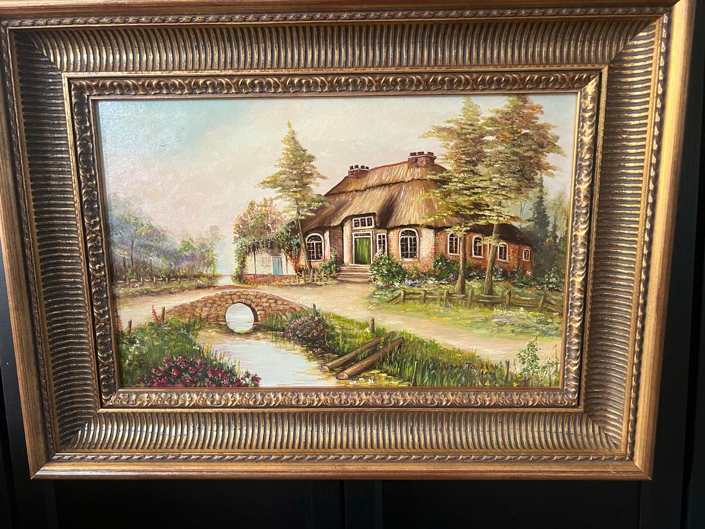 Oud olieverf schilderij op hout 67x46 - Landelijk tafereel, Ophalen of Verzenden