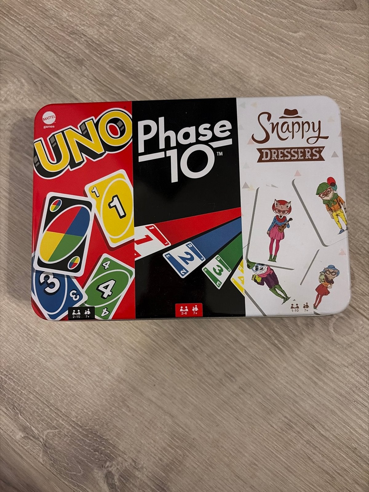 UNO, Phase 10 & Snappy Dressers kaartspellen in blik, Een of twee spelers, Ophalen, Nieuw