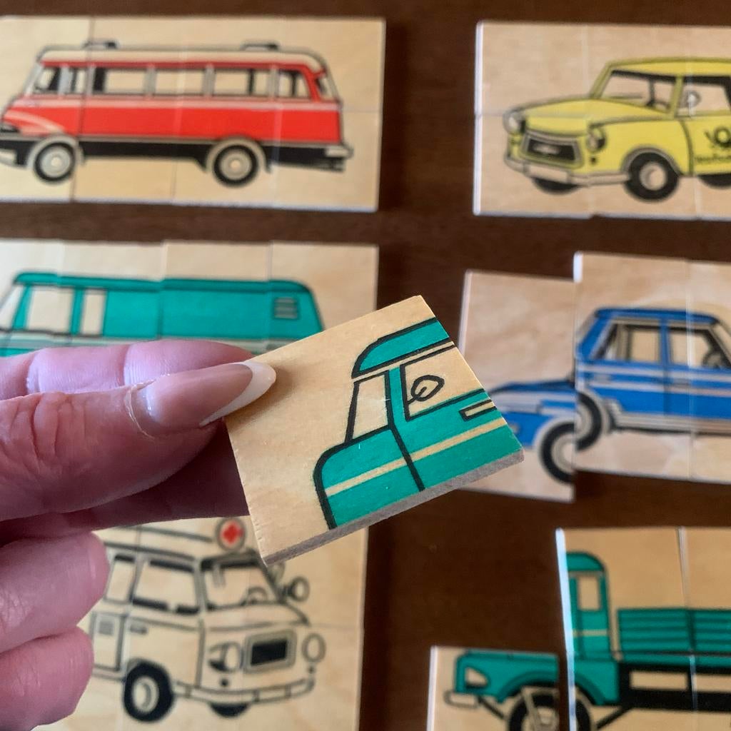 Vero houten puzzeltjes DDR 6 voertuigen 1960, Verzamelen, Ophalen of Verzenden, Zo goed als nieuw