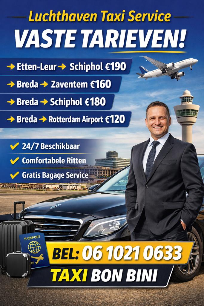 Taxi naar Schiphol v.a. Breda / Etten-Leur – 4 Personen, Taxivervoer