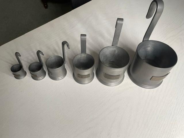 6 tinnen maatbekers, Ophalen of Verzenden