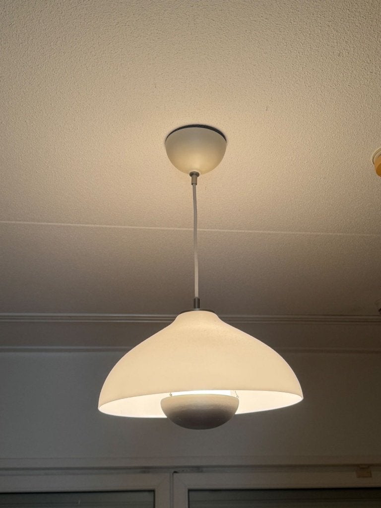 White Glass pendant lamp/Hanging lamp, Including bulb, Ophalen, Zo goed als nieuw, Glas