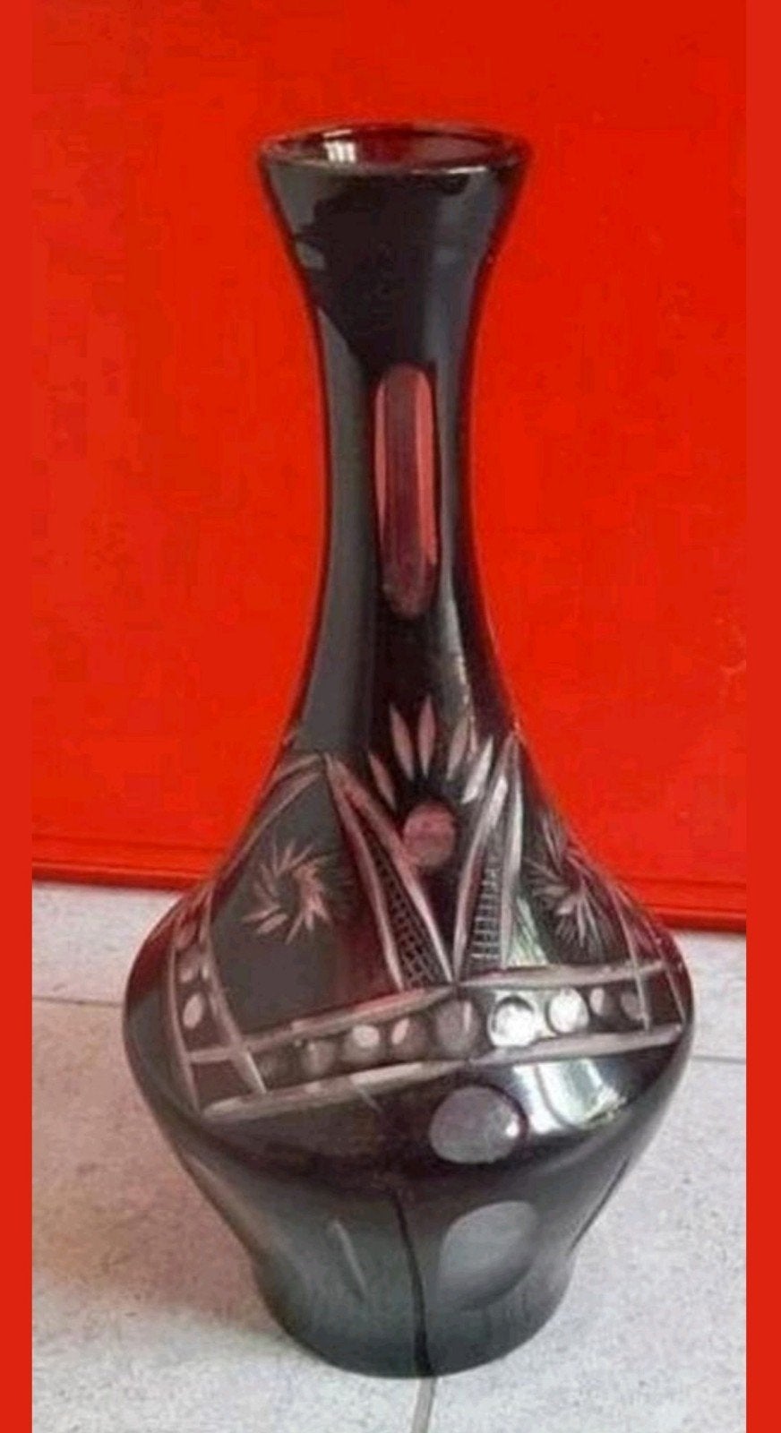 Antieke,Kristallen Vaas rood Bordeaux, Ophalen of Verzenden