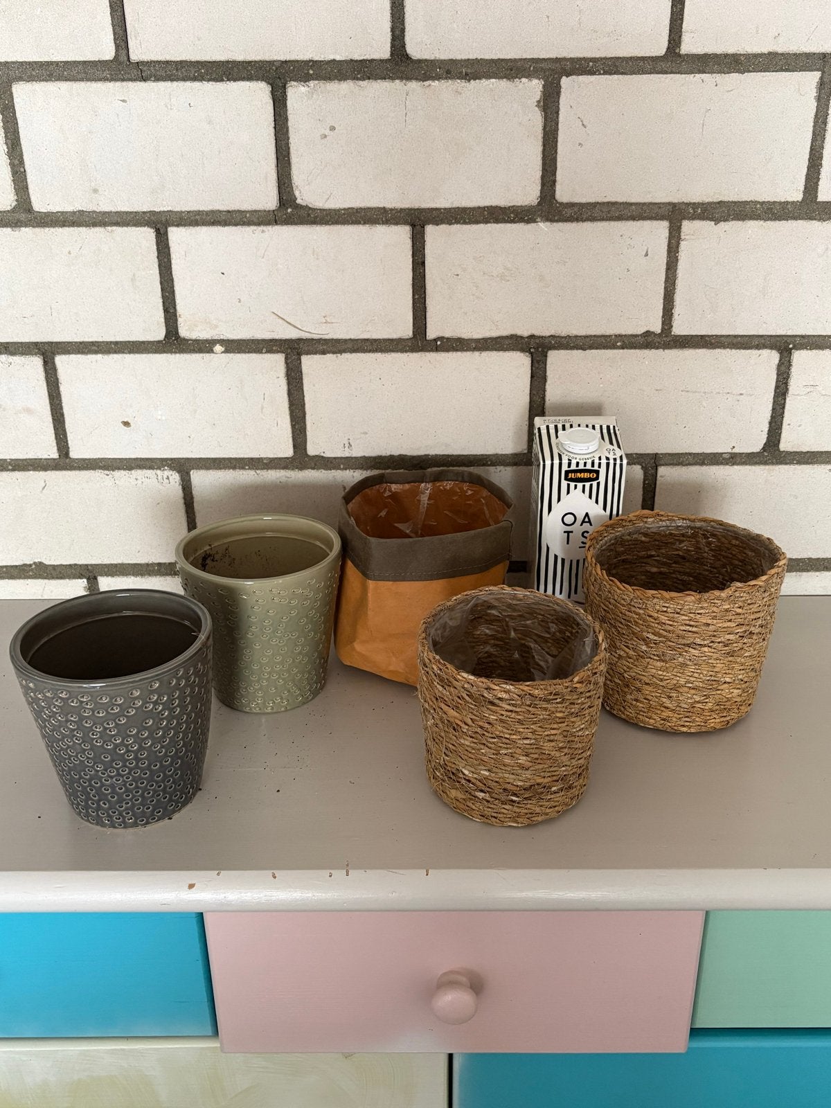 Diverse bloempotten en plantenbakken - 5 stuks, Ophalen, Overige materialen, Gebruikt, Binnen