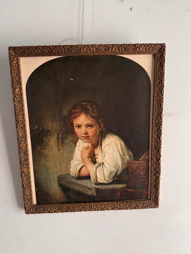 Rembrandt reproductie in brons kleurige lijst, Antiek en Kunst, Ophalen of Verzenden