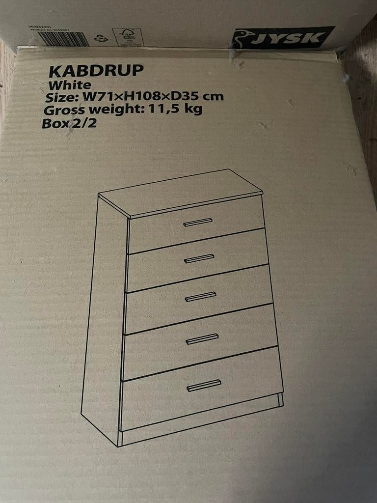 Witte ladekast Jysk Tapdrup met 5 lades laden 71 cm breedte, Ophalen, Nieuw, 50 tot 100 cm, 3 of 4 laden