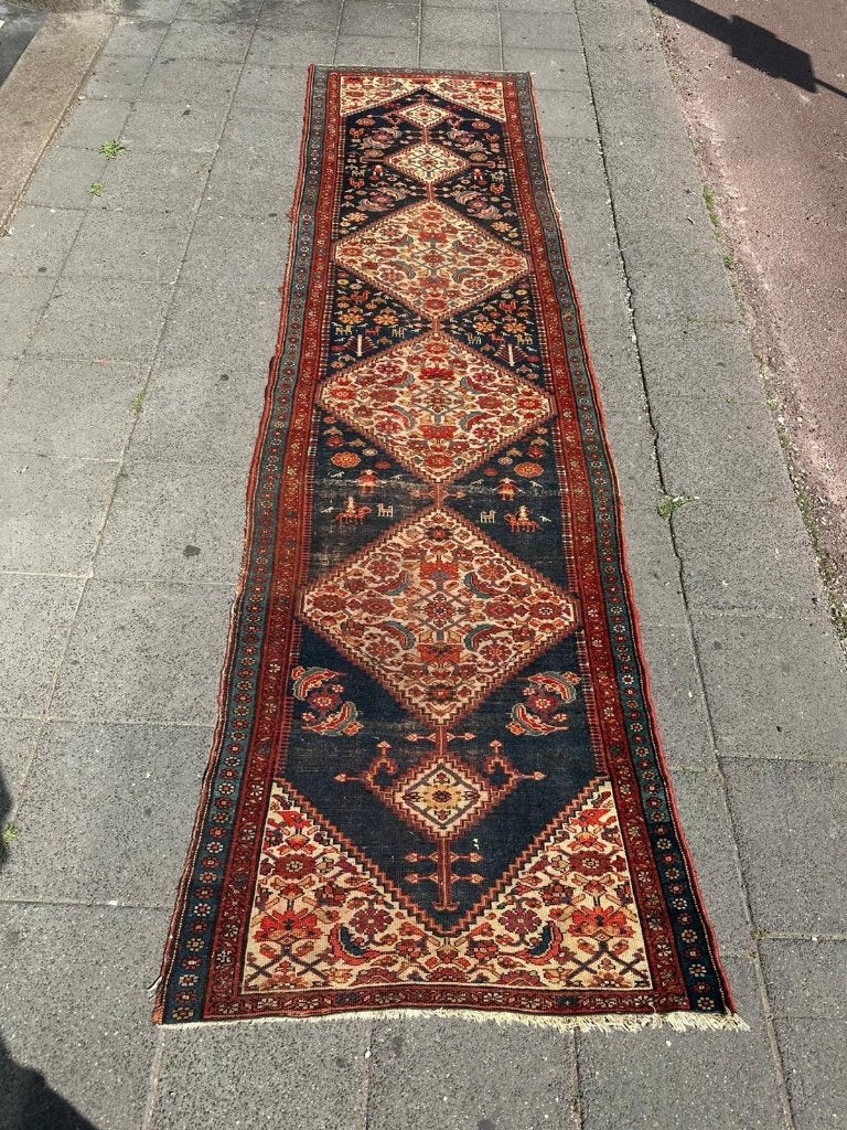 Antieke Malayer loper – 325 x 107 cm – elegant ruitpatroon, Gebruikt, 100 tot 150 cm, Wol, 200 cm of meer