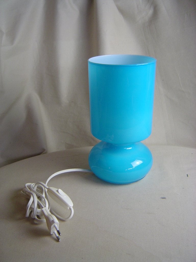 Vintage Ikea blauw glazen Lykta tafellamp jaren 90, Blauw, Vintage, 25 cm, Met schakelaar