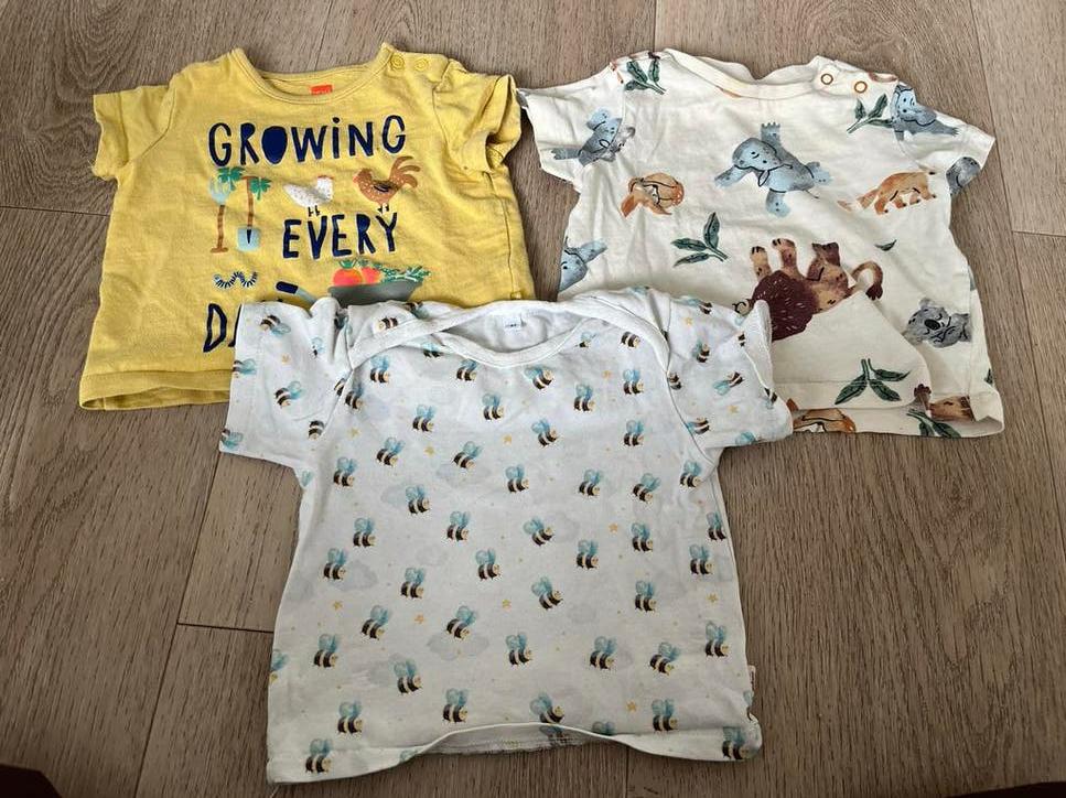 Set van 3 baby T-shirts met leuke prints maat 62, Kinderen en Baby's, Babykleding | Maat 62, Ophalen of Verzenden, Zo goed als nieuw