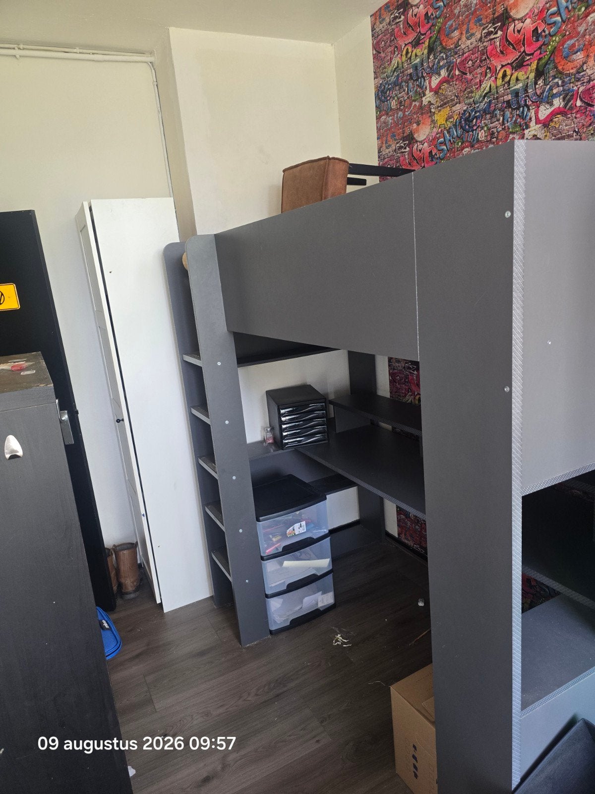 Hoogslaper met bureau en opbergruimte - Grijs, Ophalen, Gebruikt, Eenpersoons, 200 cm