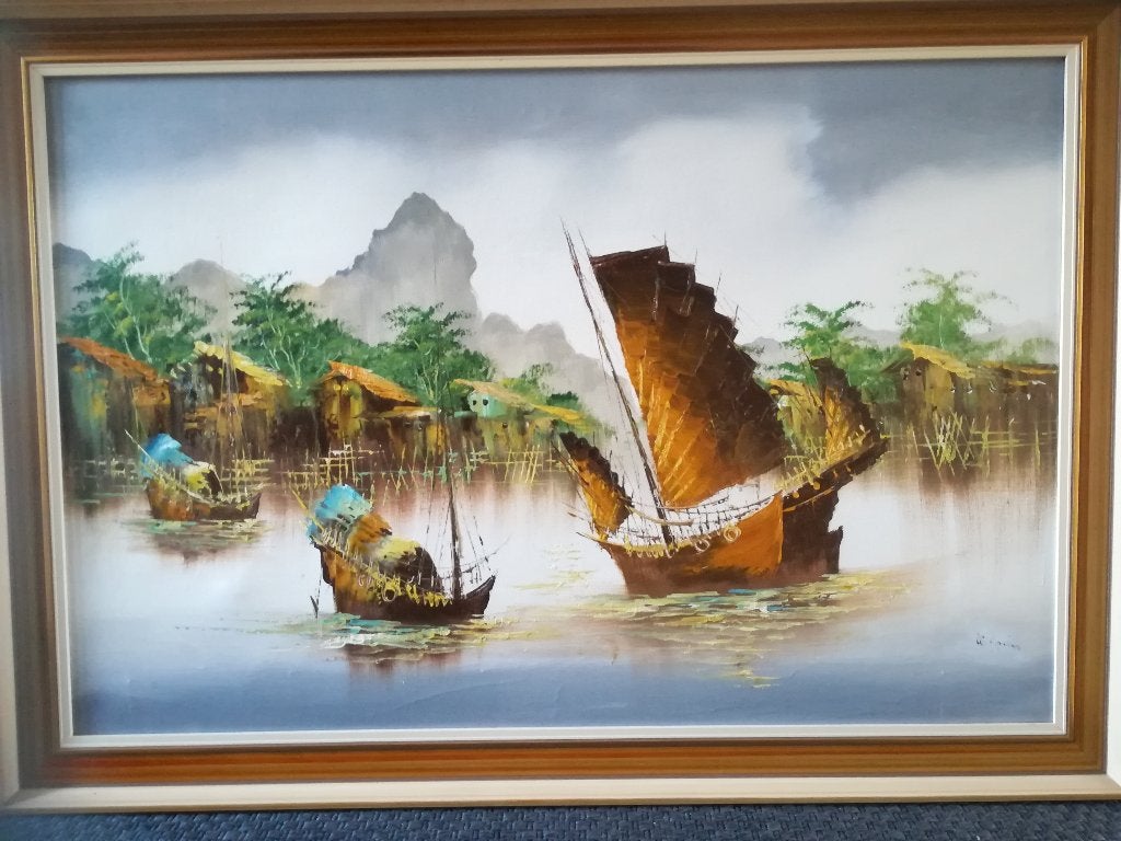 Schilderij "Javaanse Vissersboot", Maritiem / water, Doek, Ophalen of Verzenden, Olieverf