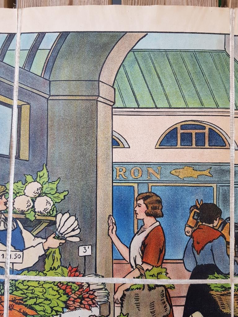 Op de markt oude schoolplaat uit Frankrijk litho op canvas., Ophalen of Verzenden