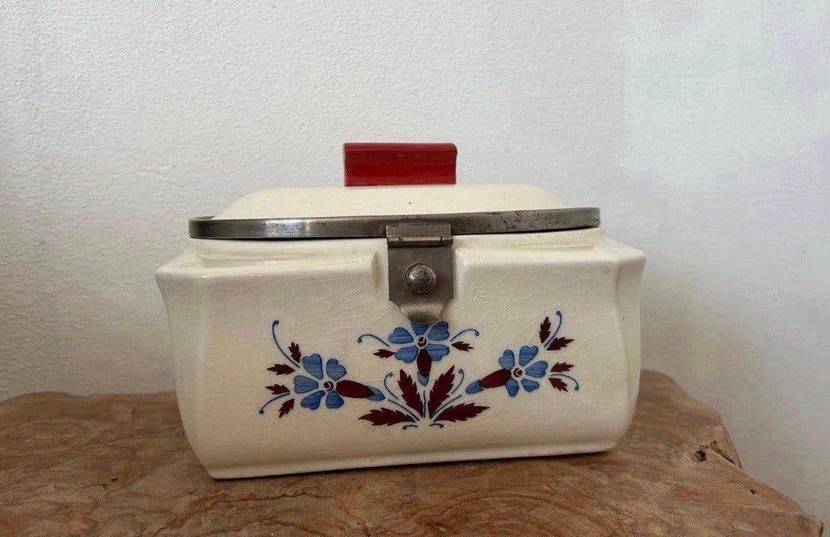 Art deco franse aardewerken koekjespot /bakelieten handvat, Verzenden