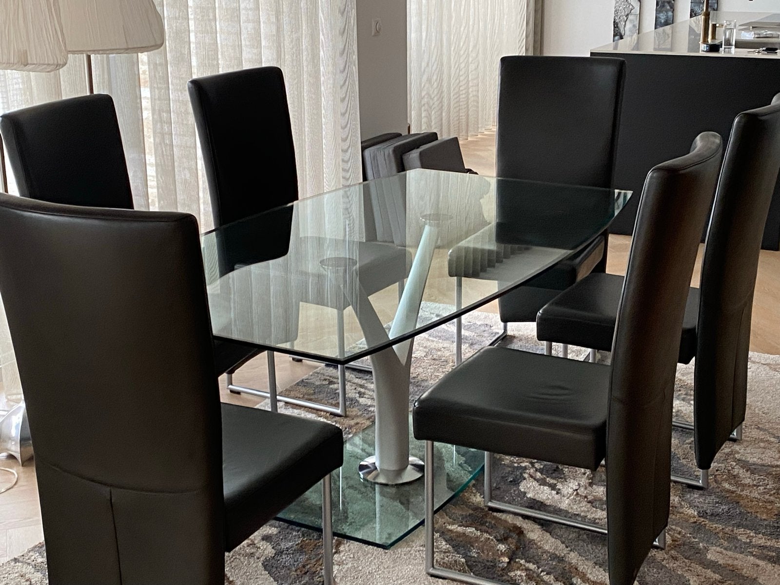 Rolf Benz glazen eettafel met stoelen (180x100 cm), Ophalen, 50 tot 100 cm, Vijf personen of meer, 150 tot 200 cm