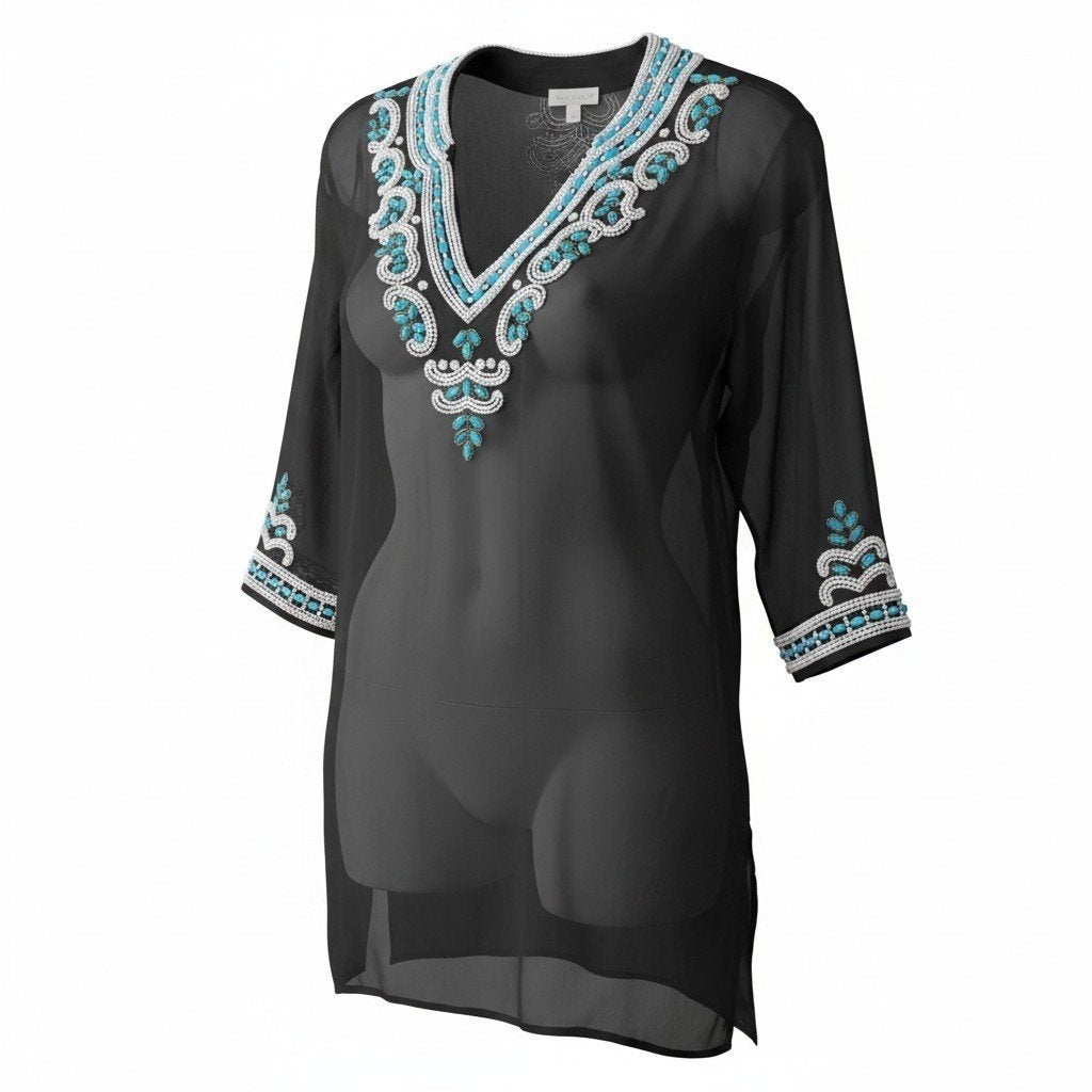 Ciao Bella zwarte tuniek met turquoise en witte kralen. XL, Zwart, Maat 46/48 (XL) of groter, Ophalen of Verzenden, Zo goed als nieuw