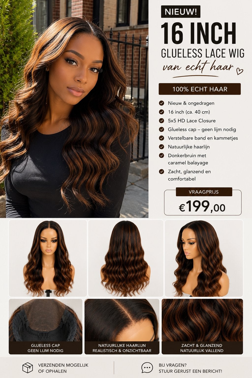 Isee Hair 16 Inch Glueless Lace Wig - 100% Echt Haar, Ophalen of Verzenden, Nieuw, Overige typen
