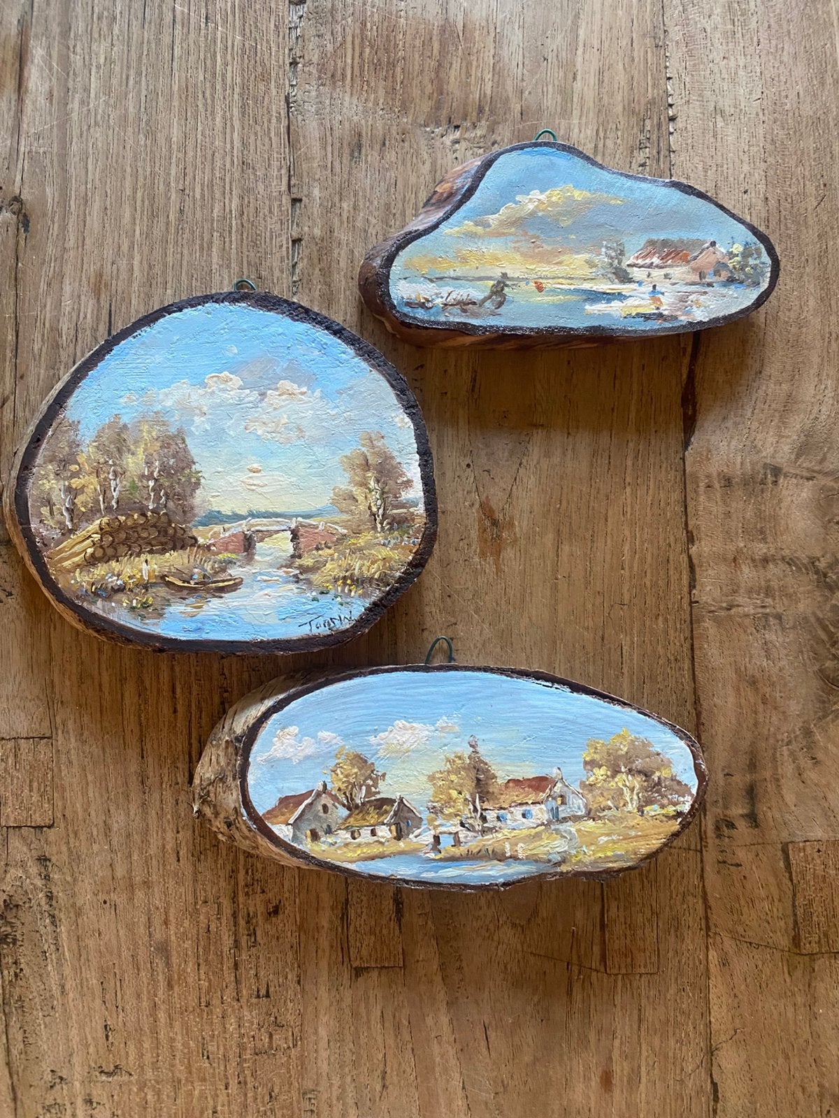 3x wanddecoratie op houten plankjes, Huis en Inrichting, Woonaccessoires | Schilderijen, Tekeningen en Foto's, Minder dan 50 cm