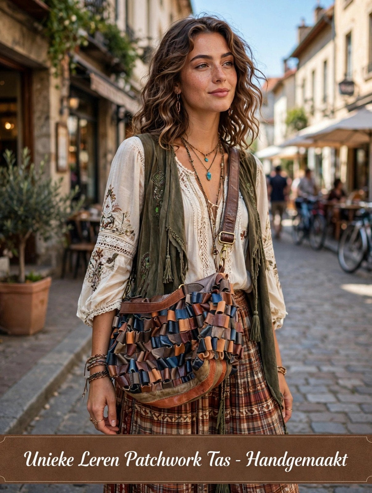 Boho Leren Patchwork Schoudertas - Handgemaakt & Uniek, Ophalen of Verzenden