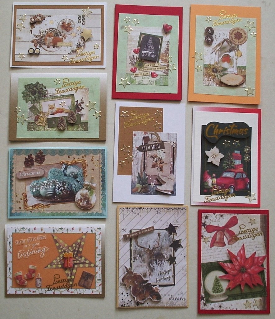 Set van 10x zelfgemaakte kerstkaarten (set b), Hobby en Vrije tijd, Verzenden, Nieuw, Kerst