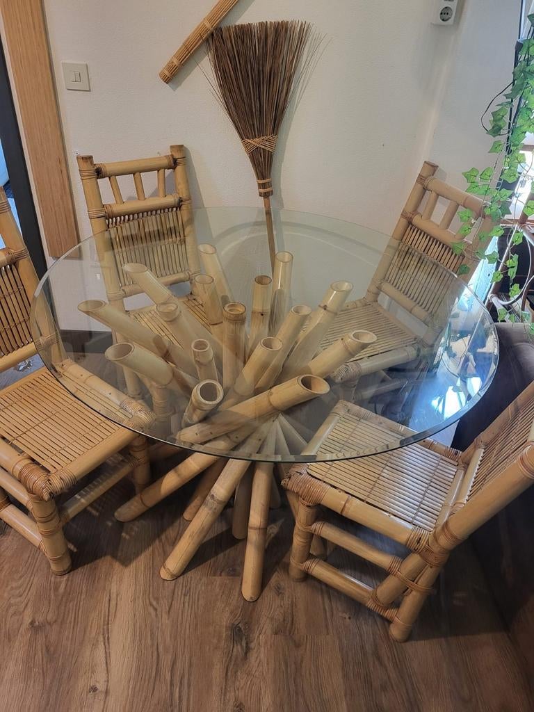 Vintage bamboe eethoek 350 euro!, Ophalen of Verzenden, Zo goed als nieuw, 4 tot 6 stoelen