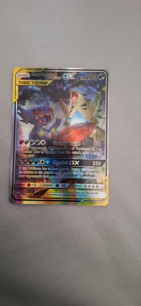 Mega Sableye & Tyranitar GX TAG TEAM Pokémon Kaart, Ophalen of Verzenden, Zo goed als nieuw, Losse kaart, Foil