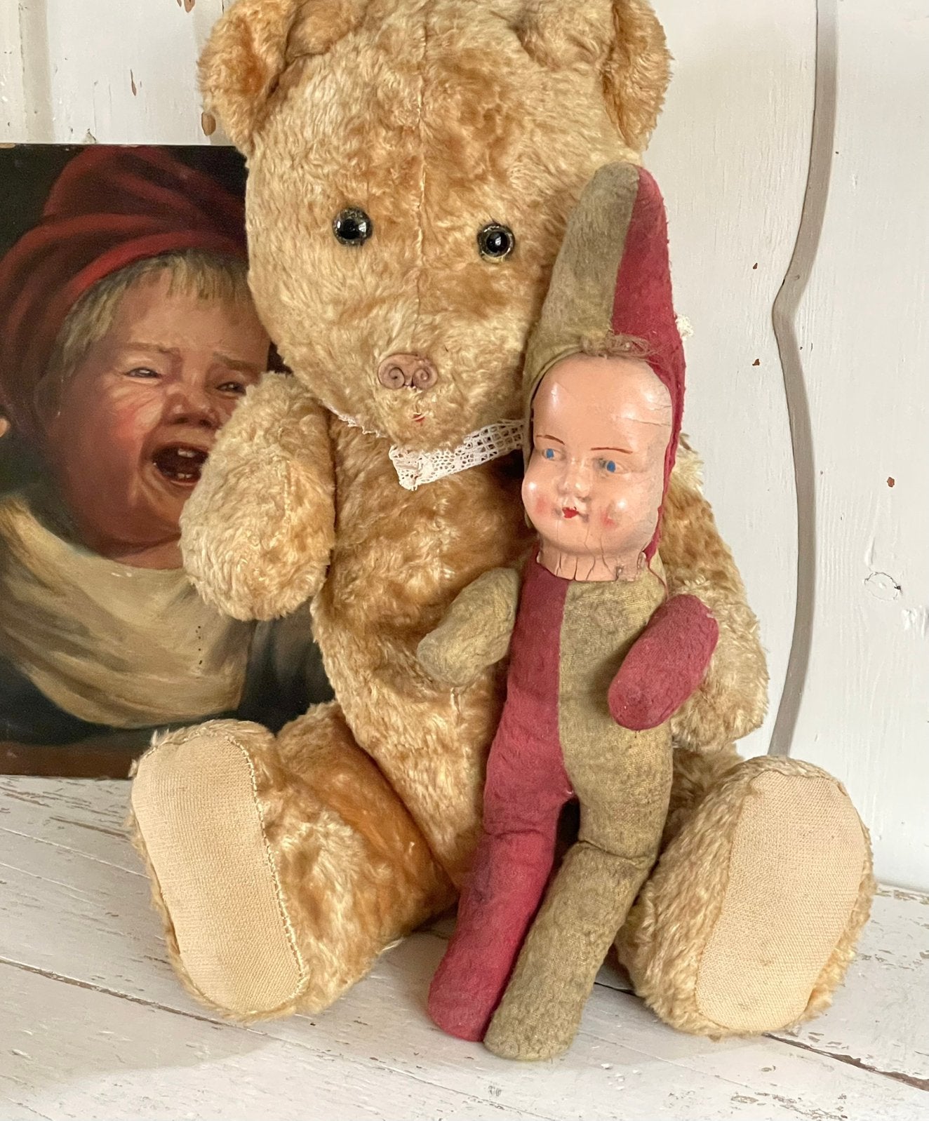 Brocante oud popje punt mutsje stro gevuld, Antiek en Kunst, Curiosa en Brocante, Ophalen of Verzenden