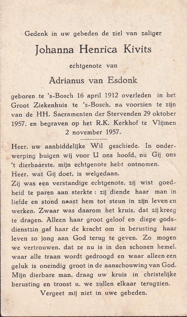 Kivits Johanna 1912 Den Bosch 1957  begr Vlijmen, Ophalen of Verzenden, Bidprentje