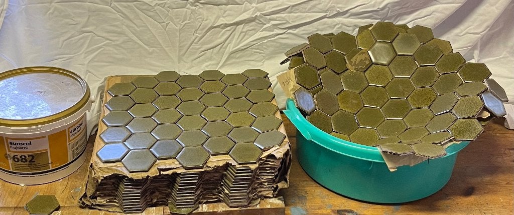 Tegeltjes hexagram groen vintage jaren 70-80, Doe-het-zelf en Verbouw, Ophalen, Minder dan 20 cm, Minder dan 5 m², Wandtegels