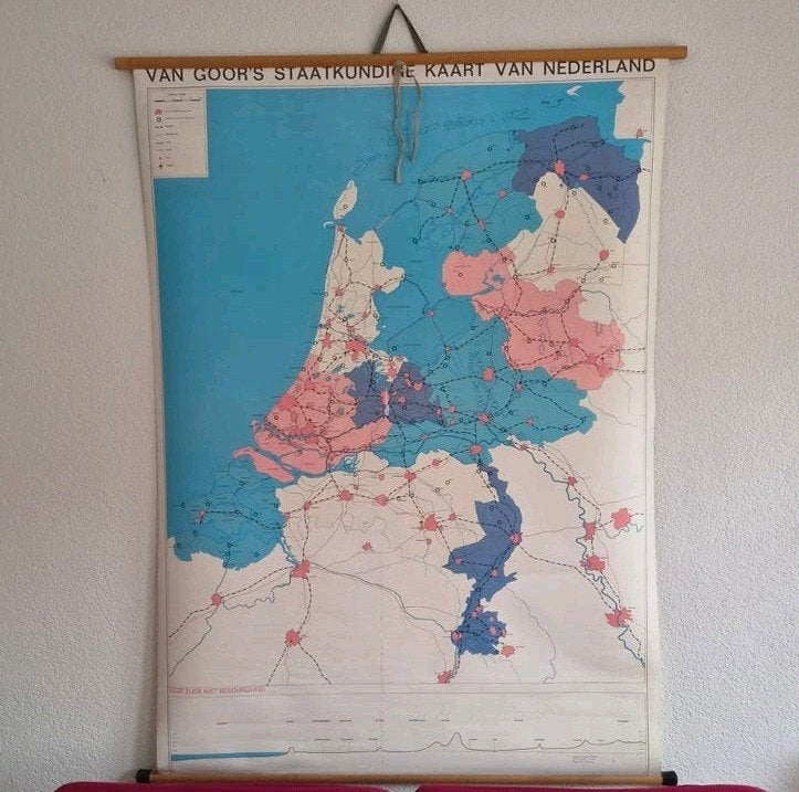 Vintage Schoolkaart Nederland, Van Goor's Staatkundige Kaart, Van Goor, Landkaart, 1800 tot 2000, Nederland