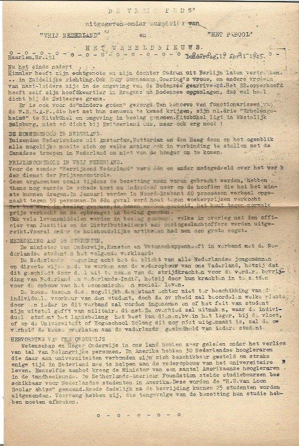 Krantje 12 april 1945 De Vrije Pers Haarlem nr: 151, Ophalen of Verzenden, Overige soorten, Nederland, Boek of Tijdschrift
