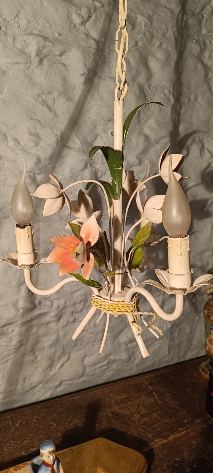 Vintage Franse metalen bloemen kroonluchter 33cm H74cm, Ophalen of Verzenden