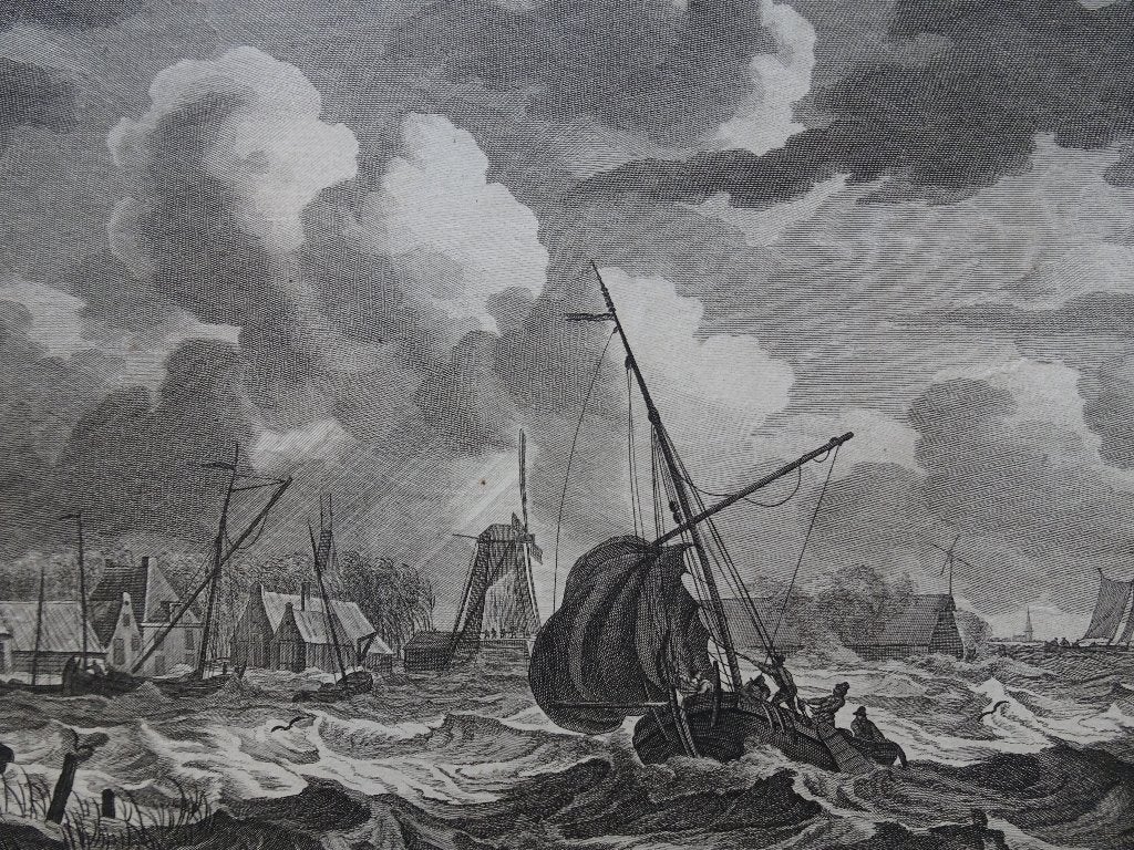 Ets storm en hogen vloed voor Elburg in 1776, N. vd Meer, Antiek en Kunst, Origineel, Landschap, 1700 - 1799, Verzenden