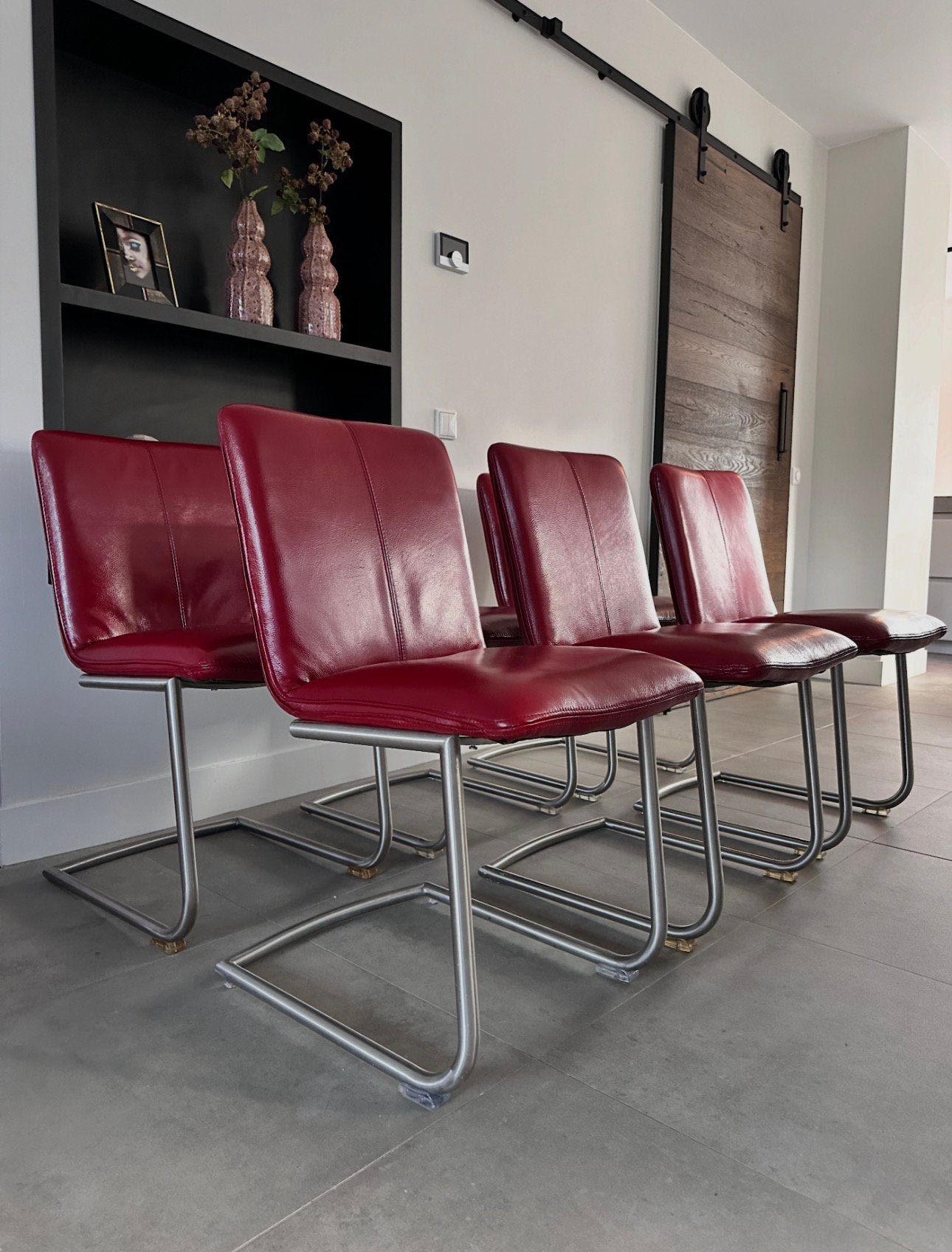 4/6 rood lederen Henders en Hazel design stoelen rvs frame, Ophalen, ---, Henders en Hazel, Zo goed als nieuw