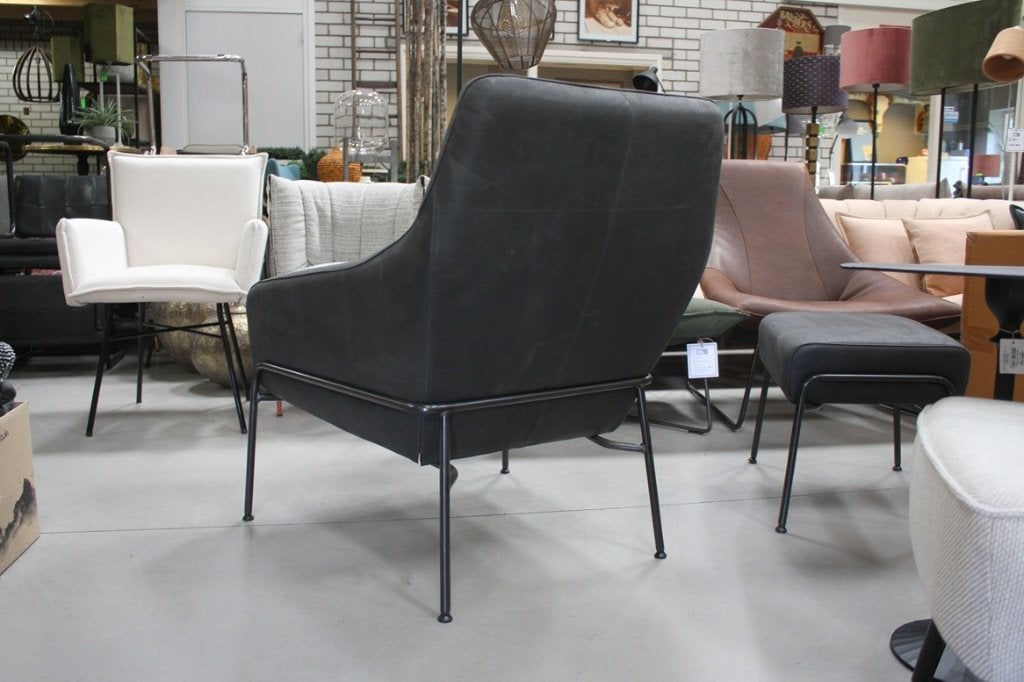 Luxe fauteuil + hocker JOLLY Jess Design echt leer antraciet, Huis en Inrichting, Ophalen, Minder dan 75 cm, Zo goed als nieuw